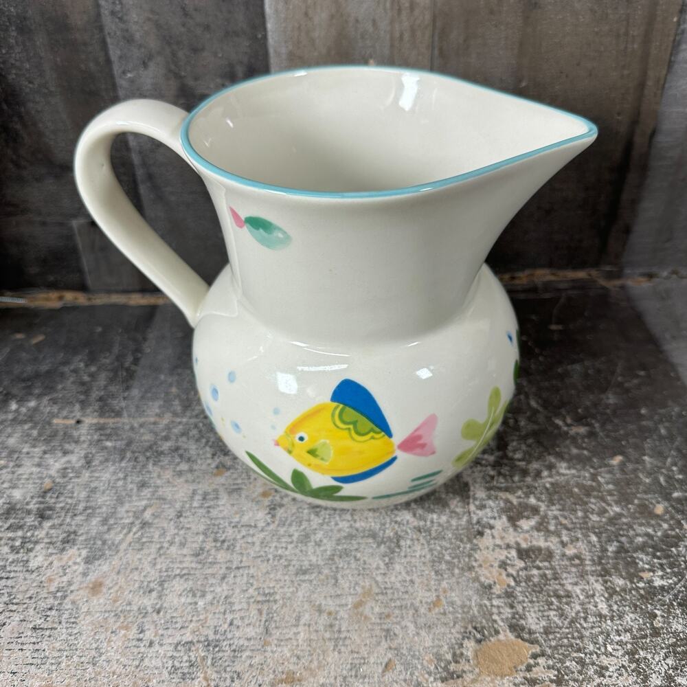 Studio Nova Barrier Reef Water Pitcher 60 oz Yellow Fish Blue Rim Nautical Y2310